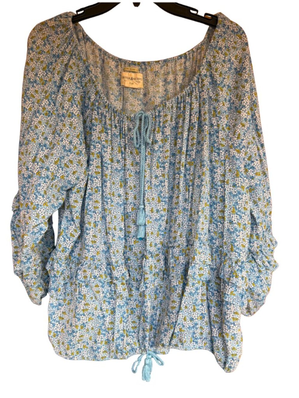 Denim & Supply Ralph Lauren XL Boho Blouse Blue Floral Tiered Ruffle Tie Neck